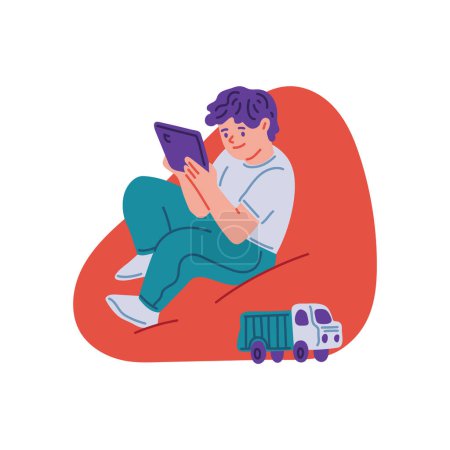 Young child using a tablet. Vector illustration depicts a relaxed kid browsing on a digital pad while sitting on a beanbag