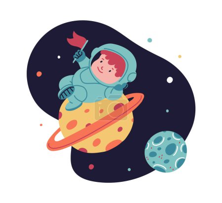 Cheerful child astronaut claiming a planet with a flag in hand. Vector illustration ideal for educational books and playful space-themed designs.