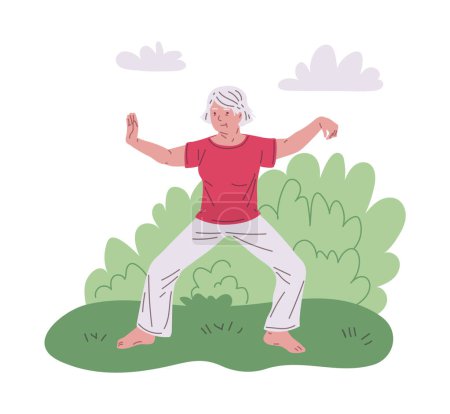 Práctica de qigong gimnástico chino Tai Chi. Mujer anciana haciendo ejercicio para el cuerpo sano, flexibilidad y bienestar. Fitness deportivo para personas maduras. Ilustración vectorial de la formación sobre la naturaleza