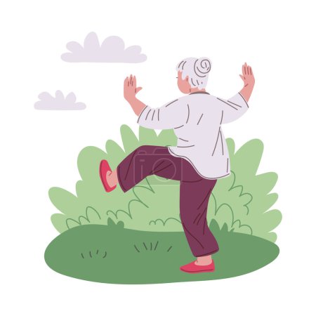 Eine ältere Frau praktiziert Tai Chi in der Natur. Vektor-Illustration, die einen rückwärtigen Charakter zeigt, der Outdoor-Übungen für Gesundheit und Wohlbefinden macht. Ideal für Fitness-Themen.