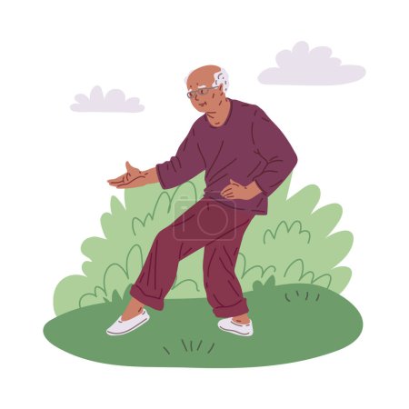 Un anciano caballero practicando tai chi se mueve en un relajado entorno de parque. Esta ilustración vectorial destaca el concepto de salud y serenidad en la vejez.
