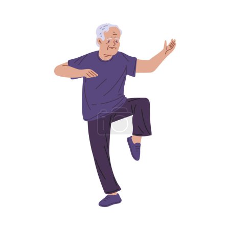 Hombre mayor participando en una pose de Tai Chi, ilustrando el equilibrio y la gracia. Ilustración vectorial ideal para conceptos de bienestar y actividad senior.