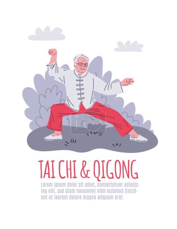 Illustration for Elderly individual performing a Tai Chi stance. Vector illustration depicts a calming exercise routine for seniors in a gentle style. - Royalty Free Image