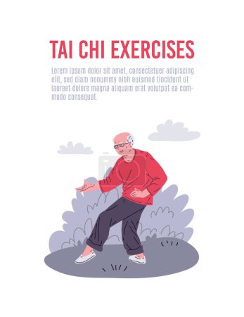 Volante de salud. Ilustración de un anciano haciendo ejercicios de Tai Chi. Ilustración vectorial que promueve la salud y la flexibilidad. El diseño incluye un área de texto.