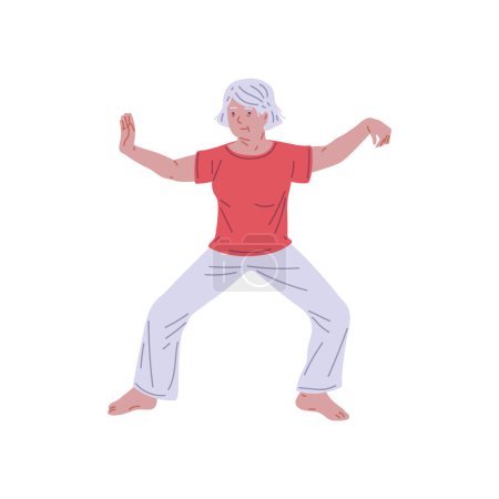 Illustration for Mature person practicing Tai Chi. Vector illustration shows peaceful martial arts pose in a minimalist style. - Royalty Free Image