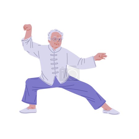 Illustration for Active senior in a Tai Chi pose. Vector illustration showcases traditional Chinese exercise for health and balance. - Royalty Free Image