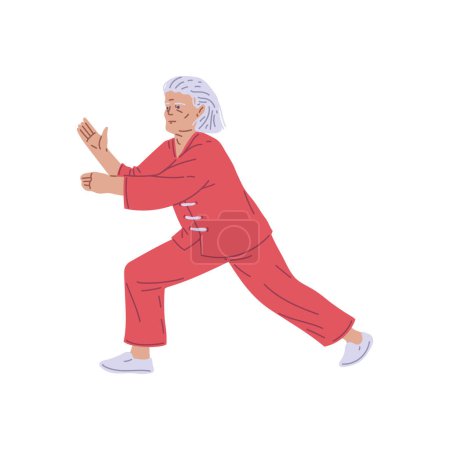 Personne âgée concentrée dans la pratique du Tai Chi. L'illustration vectorielle capture un mouvement dynamique des arts martiaux pour la santé.