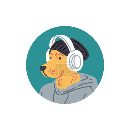 Téléchargez les illustrations : Un chien décontracté profitant de la musique dans les écouteurs. Illustration vectorielle parfaite pour les thèmes des loisirs, de la musique et du mode de vie urbain. - en licence libre de droit