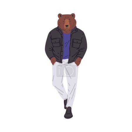 Un oso confiado vestido con una chaqueta hinchable y pantalones elegantes. Ilustración vectorial de un carácter antropomórfico con estilo de moda urbana.