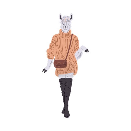 Illustration for A fashion-savvy alpaca in an oversized sweater and thigh-high boots. Vector illustration of a trend-setting animal with a chic urban look. - Royalty Free Image