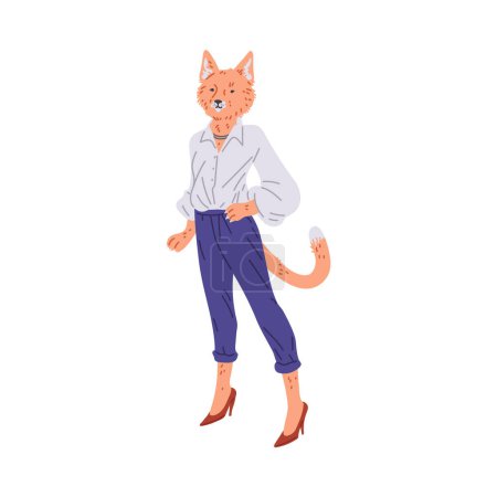 Cute dressed furry fox flat vector illustration. Cartoon serious female animal in white shirt, trousers and high heel shoes, casual fashion clothes. Posing cat in elegant look