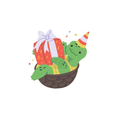 Birthday party theme. Vector illustration of a joyful turtle with a party hat, holding a large wrapped gift, perfect for celebration greetings.