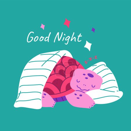 Restful sleep concept. Vector illustration of a peaceful turtle tucked in bed, with "Good Night" text, suitable for childrens themes.