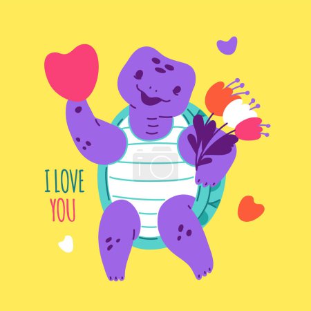 Romantisches Thema, ausgedrückt durch eine charmante Schildkröte, die ein Herz hält. Vektor Illustration perfekt für Liebe und Valentinstag Designs.
