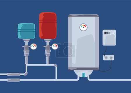 Vektor-Illustration von elektrischen oder Gas-Metall-Warmwasserbereitungsanlagen: Boiler und Tanks mit Rohren mit Symbolen für Warm- und Kaltwasserversorgung auf blauem Hintergrund