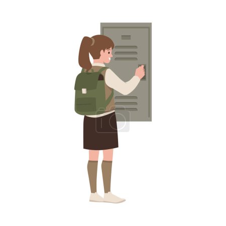 High school girl in vector style: a young girl in a uniform with a brown vest, skirt, knee socks and a green backpack opens a locker. Icon for educational design