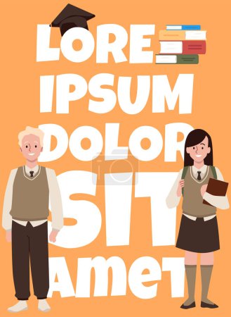 Vector illustration of friends from high school: boys and a girl in vests, ties and blazers, with backpacks for studying. A poster with an empty space for text on an orange background