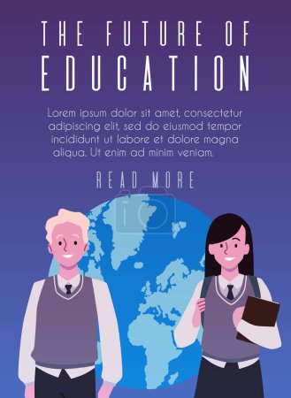 Vector poster with an empty space for text, a girl and a guy in a high school uniform and the planet earth as a reflection of the importance of learning for the world.