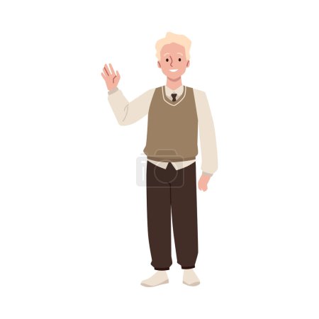 A high school student in vector style: a young guy in a uniform with a brown vest, light shirt and brown trousers happily waves his hand. Icon for educational design