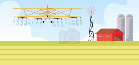 Ein Fahrzeug für die Feldarbeit. Ein Flugzeug versprüht Dünger auf einem Feld vor dem Hintergrund eines Bauernhofs, einer Scheune und einer Windkraftanlage. Ideal für Design mit moderner Landtechnik.