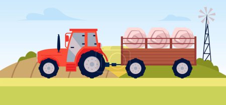 Téléchargez les illustrations : Illustration vectorielle de machines agricoles : un tracteur avec une remorque remplie de balles rondes de foin sur fond de champs agricoles et une éolienne. - en licence libre de droit