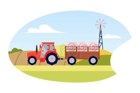 Téléchargez les illustrations : Illustration vectorielle pour l'agriculture : Un tracteur rouge sur une remorque transporte de grandes balles de foin à travers les champs agricoles avec une éolienne. Icône de conception avec machines agricoles. - en licence libre de droit