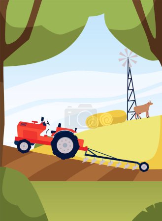 Illustration for Agriculture and farming vector illustration. Cartoon red tractor with plow on rural hills. Cultivation farm machinery working in the field and tillage. Meadow hills, cow and haystacks - Royalty Free Image