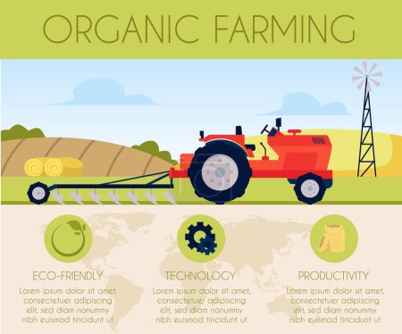 Illustration for Agriculture and Organic farming vector poster. Cartoon red tractor with plow on rural landscape. Cultivation farm machinery working in the field and tillage. Eco-friendly technology production - Royalty Free Image