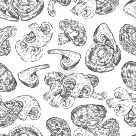 Nahtlose Illustration mit Shiitake-Pilzen im grafischen Schwarz-Weiß-Design. Vektor-Hintergrundmuster ideal für Textilien, Papier oder Tapeten.