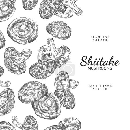 Bordure sans couture avec des champignons shiitake. Illustration vectorielle graphique en noir et blanc avec cadre texte, parfaite pour les cartes à thème végétarien bio.
