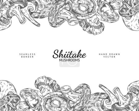 Shiitake mushrooms in seamless vector border. Graphic black and white design for postcard or poster template with text area. Ideal for organic vegetarian themed cards.