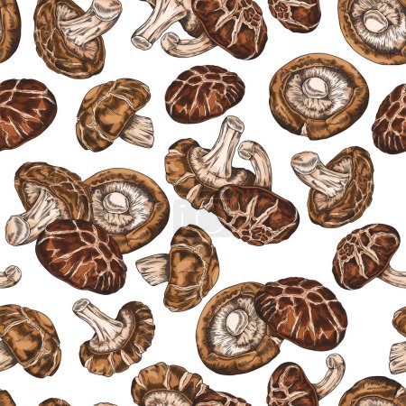 Seamless pattern of shiitake mushrooms. Graphic print of vegetarian food on fabric, wallpaper. Organic Asian mushroom vector background. Ideal for culinary design.