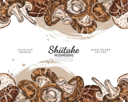 Seamless vector border with frame of shiitake mushrooms, in graphic style, and place for text. Ideal for cards and invitations highlighting organic Asian, vegetarian food.