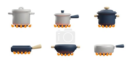 Ilustración de Una colección de íconos vectoriales 3d con énfasis en la cocina fresca y natural. Contiene utensilios de cocina para chefs, ollas, cacerola, sartenes wok, ideales para cualquier cocina casera de carne. - Imagen libre de derechos