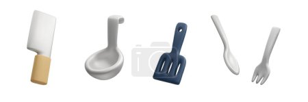 Conjunto de iconos vectoriales 3D de utensilios de cocina con cuchara, tenedor, cucharón, cuchillo y espátula. Cubertería de cocina aislada, ideal para cualquier proyecto de diseño culinario.