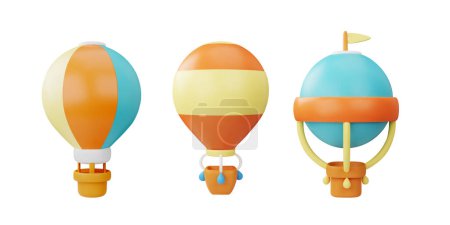 Conjunto de varios globos de aire caliente con cesta 3D vector ilustraciones conjunto. Dibujos animados renderizar aerostatos, descubrimiento del cielo o símbolo de aventura. Transporte aéreo de juguetes de plástico. Festival de globos