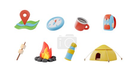 Hiking trip. Set of 3D vector equipment elements: tent, backpack, mug, map, fire, thermos, compass. 3D collection for the design of the essentials for a hike on an isolated background.