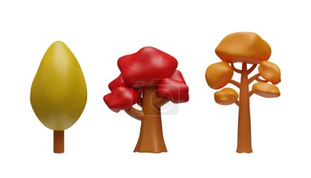 Autumn trees collection 3D realistic vector illustrations set. Render orange and red cypress, oak, linden or maple forest plant. Flora game asset, nature volume toys, design element plasticine texture
