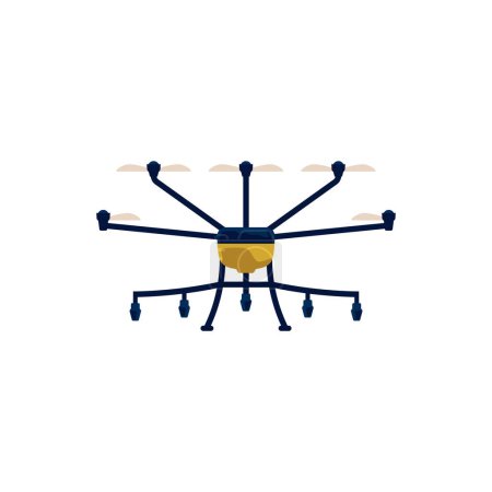 Illustration for Innovation in agriculture with drones flying over the farm. A vector illustration showing modern equipment spraying fertilizers for intelligent irrigation management - Royalty Free Image