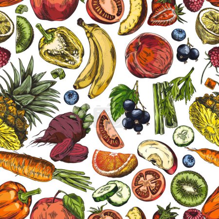 Una vibrante variedad de bocetos de frutas y verduras, bellamente representados en un conjunto de vectores para diseños culinarios y enfocados en la salud.