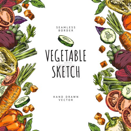Seamless border with a vibrant array of hand-drawn vegetables in a full-color vector illustration, perfect for food-related design.
