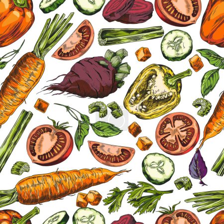 A colorful collection of vegetable sketches, showcasing a variety of fresh produce in a detailed vector pattern, great for culinary designs.