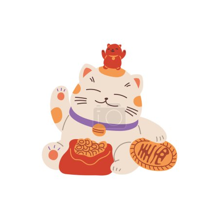 Téléchargez les illustrations : Maneki Neko, figurine japonaise avec un sac de pièces d'or. Un chat mignon avec une cloche sur son col, tenant une plaque d'or avec une inscription dans ses mains. Illustration isolée symbole de richesse. - en licence libre de droit