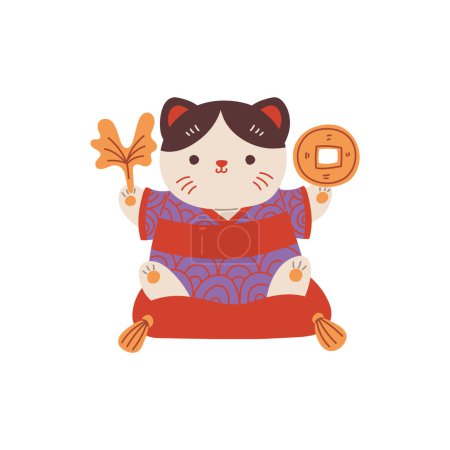 Maneki Neko, eine entzückende Vektorillustration einer japanischen Katze, die als Geisha verkleidet ist und traditionelle Talismane in der Hand hält. Asiatischer Talisman als Symbol für Glück und Reichtum. Isolierter Hintergrund.