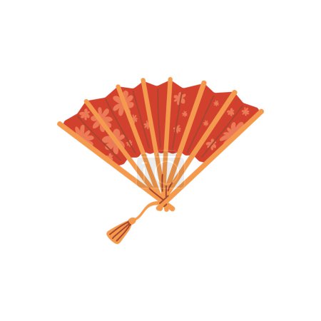 Elements of Asian culture. Bright red half-open fan symbolizing good luck in flat vector illustration. Traditional item for design on isolated background.