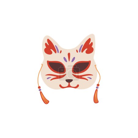 Japanese kitsune fox mask with tassels vector cartoon illustration. Traditional Japanese folk mystical animal face mask with red ornamental painting isolated on white background