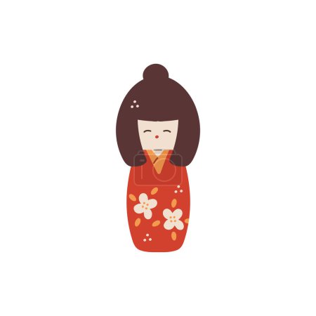 Kokeshi Puppe in einem roten Kimono mit Blumen Blüten Vektor Cartoon-Illustration. Traditionelles japanisches Mädchen-Spielzeug-Souvenir aus Kawaii. Nationales Kulturgut, Symbol Maneki Neko. Asiatischer orientalischer Talisman