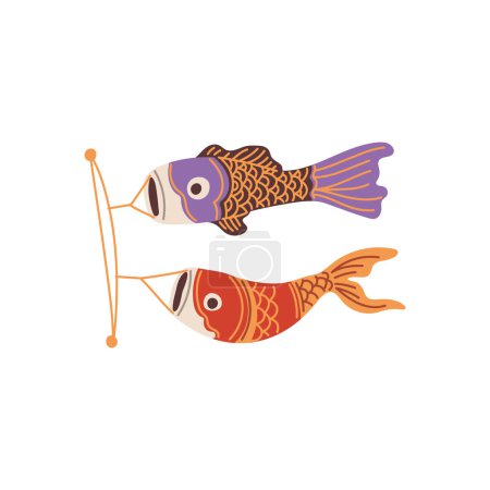 Carpe streamer talisman, deux poissons koï drapeau souvenir. Dessin animé japonais Maneki Neko richesse symbole de la chance. Grande fortune amulette Feng Shui dans la culture orientale. Illustration vectorielle isolée