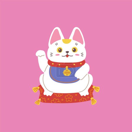 Japanese Maneki Neko figurine amulet. The lucky cat wealth symbol. Cartoon kitten sits on a pillow and raised her paw. Great fortunes sign in eastern culture, Feng Shui. Vector illustration on pink