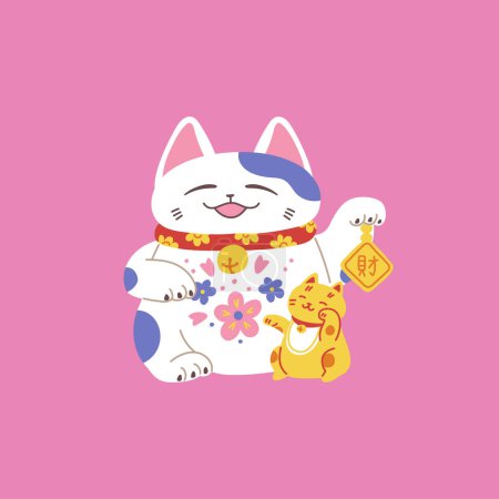 Vector Maneki Neko: Glückliche Katze mit Glocke und Goldbarren mit einer Inschrift und einem kleinen Kätzchen. Traditionelle japanische Figur, Symbol des Reichtums. Flache Abbildung auf isoliertem rosa Hintergrund.